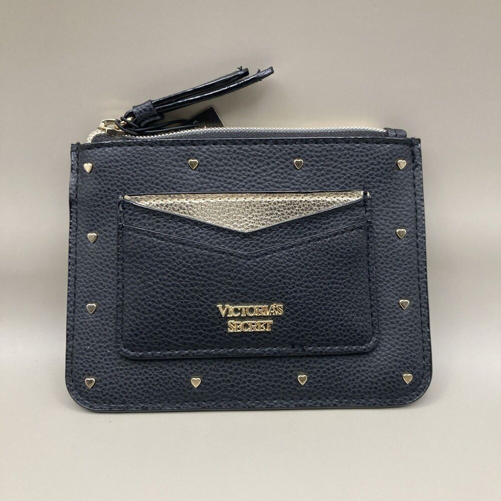 NWT VICTORIAS SECRET HEART STUDS BLACK CARD CASE & KEY HOLDER WALLET
